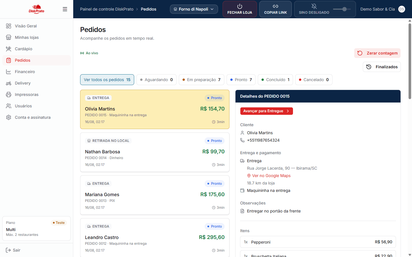 Painel de pedidos do DiskPrato com pedidos organizados em colunas de status
