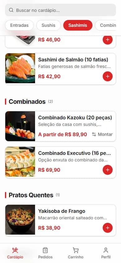 Cardápio no tema padrão, vermelho e branco