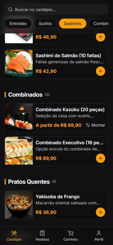 Cardápio no tema escuro